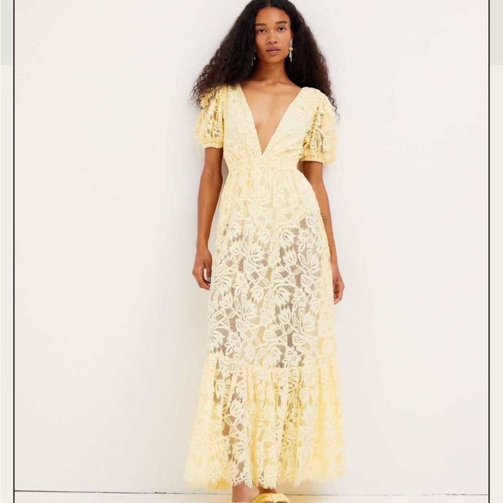 For Love And Lemons Bea Yellow Midi Plunge Puff Sleeve Dress